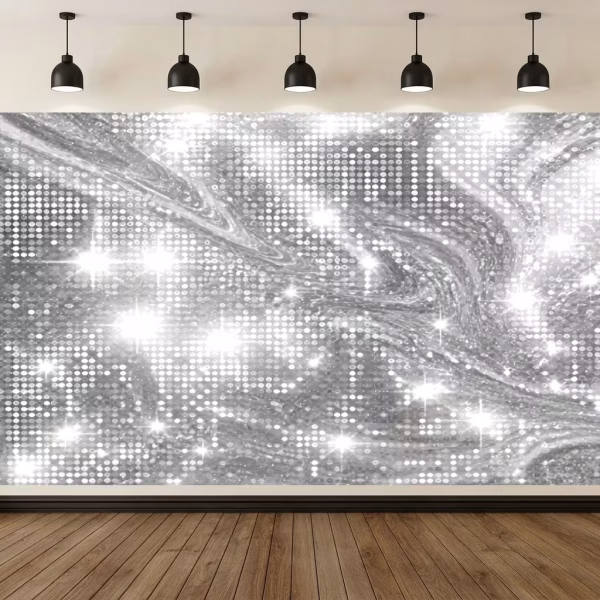 Mockup cu un background textil pentru panou foto ilustrand un design elegant cu efect 3D de paiete argintii stralucitoare si reflexii luminoase in valuri.
