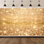 Mockup cu un background textil pentru panou foto ilustrand un design elegant cu efect 3D de paiete si sclipici auriu stralucitor cu reflexii luminoase calde.