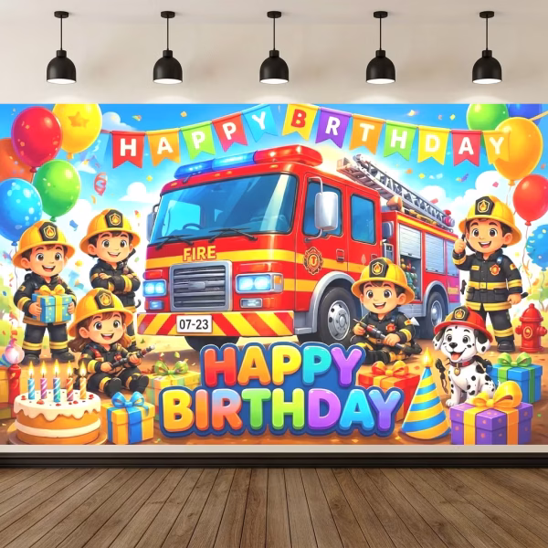 Mockup cu un background textil pentru panou foto ilustrand o tematica de pompieri cu o masina rosie de pompieri copii costumati un caine dalmatian un tort aniversar cadouri baloane si mesajul Happy Birthday.