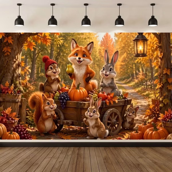 Mockup cu un background textil pentru panou foto de toamna ilustrand animalele padurii o vulpe iepurasi si veverite in jurul unei carute rustice pline cu fructe si dovleci sub un felinar luminos.