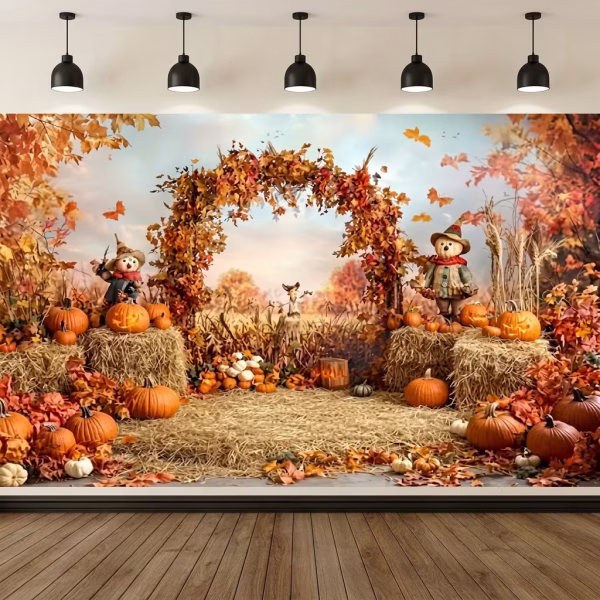 Mockup cu un background textil pentru panou foto de toamna ilustrand o arcada superba din frunze aramii baloti de paie dovleci si figurine sperietori de ciori.