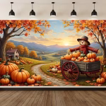 Mockup cu un background textil pentru panou foto de toamna ilustrand un peisaj rustic la apus cu o caruta de lemn plina de dovleci si o sperietoare de ciori zambitoare pe o carare