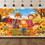 Mockup cu un background textil pentru panou foto de toamna ilustrand o familie de sperietori de ciori un hambar rosu o masina rustica dovleci si floarea soarelui.
