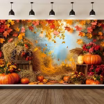 Mockup cu un background textil pentru panou foto de toamna ilustrand un decor rustic cu ladite din lemn fan dovleci portocalii si flori rosiatice sub o bolta de frunze aramii cazatoare.