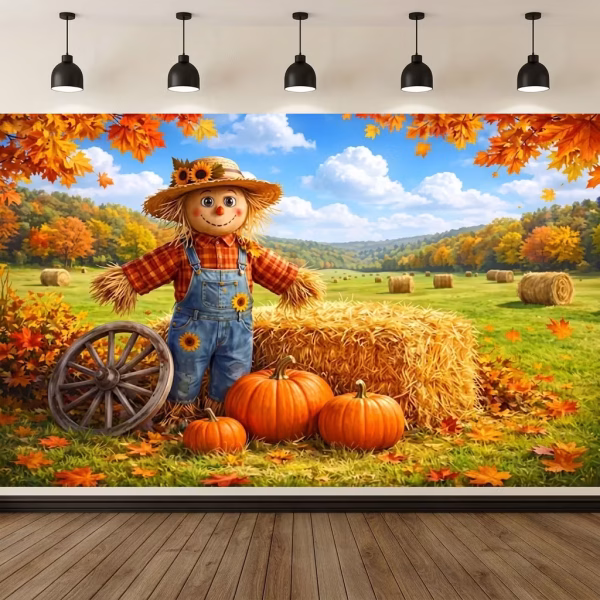 Mockup cu un background textil pentru panou foto de toamna ilustrand o sperietoare de ciori vesela dovleci portocalii baloti de paie si frunze aramii.