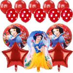 Set de 15 baloane Alba ca Zapada incluzand balon folie personaj baloane rotunde cu pitici baloane stea rosii din folie si baloane latex simple si cu buline albe