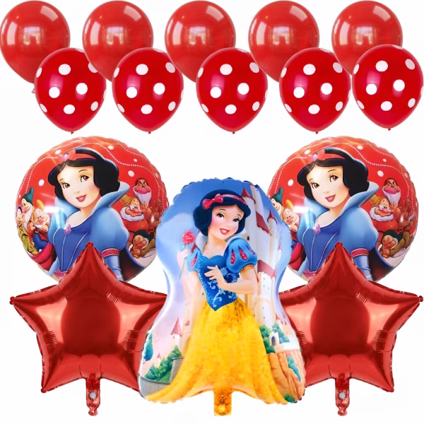 Set de 15 baloane Alba ca Zapada incluzand balon folie personaj baloane rotunde cu pitici baloane stea rosii din folie si baloane latex simple si cu buline albe