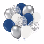 Set de 12 baloane din latex incluzand baloane argintii albe bleumarin si baloane transparente umplute cu confetti argintiu