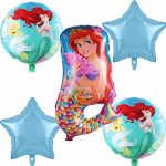 Set de 5 baloane din folie cu printesa sirena Ariel incluzand un balon mare personaj doua baloane rotunde tematice si doua stele bleu