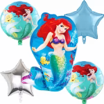 Set de 5 baloane din folie cu printesa sirena Ariel incluzand un balon mare personaj doua baloane rotunde tematice si doua stele una bleu si una argintie