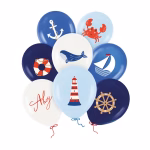Set de 8 baloane din latex in nuante de bleumarin, bleu si alb, decorate cu imprimeuri cu tematica nautica, incluzand ancora, crab, colac de salvare, balena, vaporas cu panze, textul Ahoy, far si carma de vapor