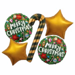 Buchet din 5 baloane de Craciun din folie metalizata continand un balon central urias in forma de acadea baston in dungi verzi si aurii, doua baloane rotunde verzi cu coronite si textul Merry Christmas, alaturi de doua baloane aurii in forma de stea