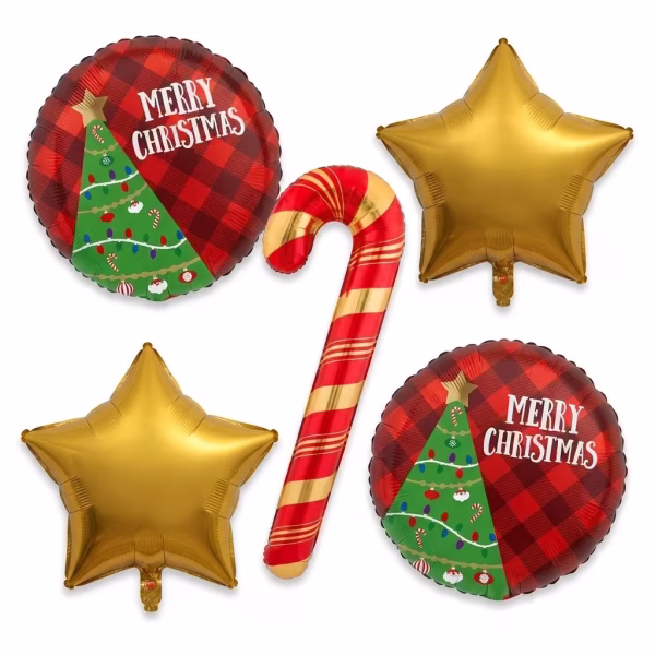 Buchet din 5 baloane de Craciun din folie metalizata continand un balon central urias in forma de acadea baston in dungi rosii si aurii, doua baloane rotunde decorate cu un brad si model in carouri alaturi de textul Merry Christmas, impreuna cu doua baloane aurii in forma de stea