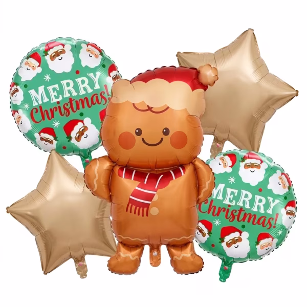 Buchet din 5 baloane de Craciun din folie metalizata, continand un balon central in forma de om din turta dulce cu caciula rosie si fular, doua baloane rotunde verzi cu Mos Craciun si textul Merry Christmas, alaturi de doua baloane aurii in forma de stea