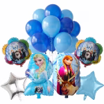 Set de 16 baloane Elsa si Frozen incluzand baloane din folie personaj baloane rotunde tematice stele argintii si bleu si baloane latex albastre