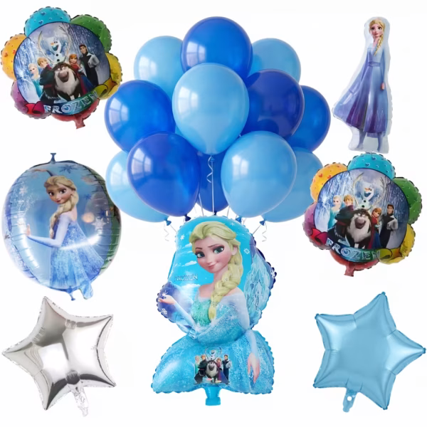 Set de 17 baloane Elsa din folie si latex incluzand baloane rotunde tematice stele argintii si bleu balon personaj Elsa mic si mare si balon sfera Elsa
