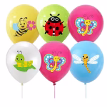 Set de 10 baloane din latex în culori vii precum roz, alb, albastru, verde și galben, imprimate cu ilustrații adorabile reprezentând insecte vesele: fluture, albină, gărgăriță, omidă și libelulă