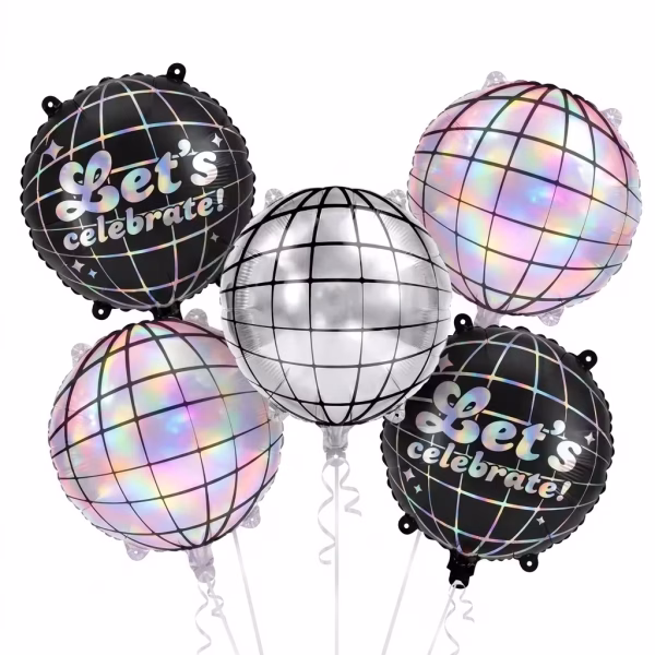 Set de 5 baloane din folie rotunde cu aspect de glob disco incluzand un balon argintiu central doua baloane holografice in nuante pastelate si doua baloane negre cu grila holografica si mesajul Let's celebrate