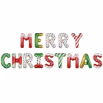 Set de baloane din folie metalizată ce formează textul MERRY CHRISTMAS, fiecare literă având un design festiv unic cu modele de glazură pe roșu, dungi de acadea și buline colorate pe fundal verde sau alb