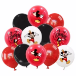 Set de 12 baloane din latex în culorile roșu negru și alb, incluzând baloane simple și baloane imprimate cu personajul Mickey Mouse purtând coif de petrecere sau alături de textul Whoopee
