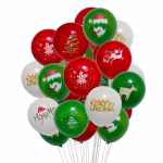 Un buchet festiv și diversificat format din baloane din latex în culorile roșu, verde și alb, decorate cu multiple imprimeuri de iarnă: chipul lui Moș Crăciun, brazi, clopoței încadrați de fulgi de nea, un ren trăgând sania și mesajele colorate "Merry Christmas" și "HO HO HO"