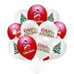 Un buchet festiv format din 10 baloane din latex în nuanțe de roșu și alb, ilustrând imprimeuri amuzante cu Moș Crăciun blocat cu capul în jos într-un horn nins, brazi verzi de iarnă și mesajul Merry Christmas decorat cu elemente grafice