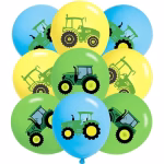 Set de 9 baloane din latex în culorile galben, verde și albastru, fiecare fiind imprimat cu ilustrația detaliată a unui tractor agricol verde