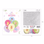 Set de sase baloane din latex in culori pastelate precum albastru deschis fucsia roz pal verde lila si galben unt decorate cu imprimeuri frontale ilustrand zane in zbor si fluturi delicati