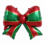 Balon din folie metalizata in forma de fundita supradimensionata, decorata in culori festive cu sectiuni alternante de rosu si verde, delimitate de linii subtiri aurii