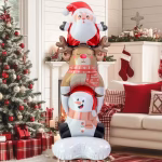 Balon din folie gigantic de Craciun, tip self-standing, ilustrand un turn festiv format dintr-o baza alba, un om de zapada cu fular, un ren simpatic si Mos Craciun in varf