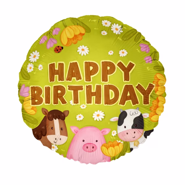 Balon rotund din folie pe fundal verde cu mesajul Happy Birthday din litere cu aspect de lemn decorat cu un cal un purcel o vacuta flori si o gargarita