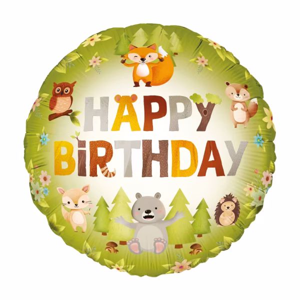 Balon rotund din folie cu margini verzi si mesajul Happy Birthday din litere stilizate inconjurat de animale de padure precum vulpe urs bufnita veverita si arici printre brazi si ciuperci