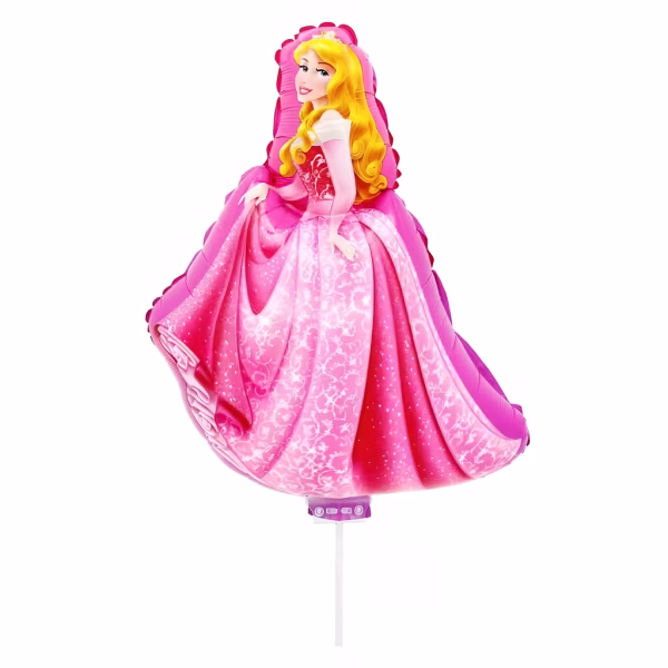 Balon din folie metalizată decupat în formă de figurină reprezentând-o pe prințesa Aurora purtând o rochie roz spectaculoasă decorată cu detalii elegante și o coroniță aurie, montat pe un băț alb de susținere