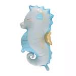 Balon din folie în formă de căluț de mare, colorat în nuanțe pastelate de albastru deschis, decorat cu detalii aurii elegante și ochișori închiși