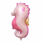 Balon din folie în formă de căluț de mare, colorat în nuanțe pastelate de roz deschis și fuchsia, decorat cu detalii aurii elegante