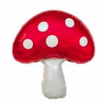 Balon din folie in forma de ciuperca avand o palarie rosie decorata cu buline albe si un picior alb voluminos