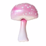 Balon din folie in forma de ciuperca avand o palarie roz decorata cu buline albe si un picior in nuante degrade de la roz la alb cu dungi verticale fine