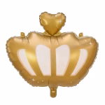 Balon din folie in forma de coroana regala de culoare auriu metalizat cu detalii albe sub forma unor arcade si o inima aurie in partea superioara decorata cu mici stele albe stralucitoare