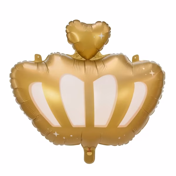 Balon din folie in forma de coroana regala de culoare auriu metalizat cu detalii albe sub forma unor arcade si o inima aurie in partea superioara decorata cu mici stele albe stralucitoare