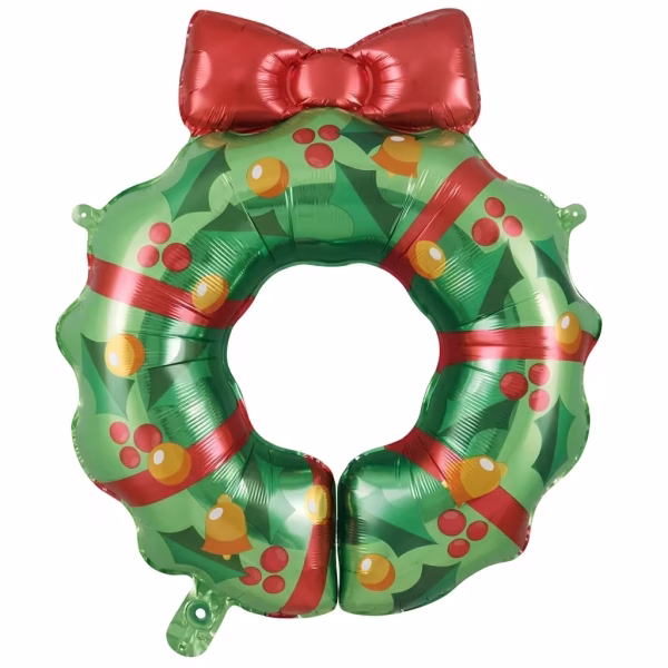Balon din folie metalizată decupat în formă de coroniță verde de Crăciun, cu un decupaj rotund în centru, decorată festiv cu frunze de ilice, fructe roșii, clopoței aurii, o panglică roșie înfășurată și o fundă roșie mare supradimensionată în partea superioară
