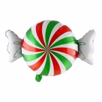 Balon din folie metalizată decupat în formă de bomboană ambalată, prezentând un model central spiralat în culorile roșu, verde și alb, completat de capetele albe ale ambalajului cu detalii liniare verzi