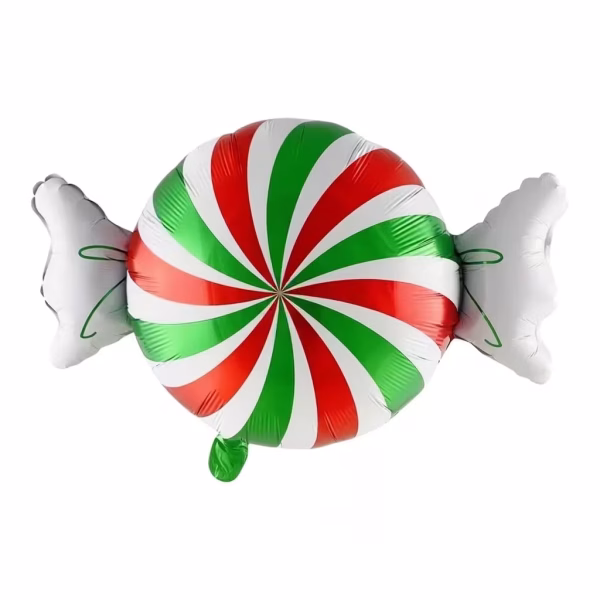 Balon din folie metalizată decupat în formă de bomboană ambalată, prezentând un model central spiralat în culorile roșu, verde și alb, completat de capetele albe ale ambalajului cu detalii liniare verzi
