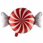 Balon din folie metalizată decupat în formă de bomboană ambalată, prezentând un model central spiralat în culorile roșu și alb, completat de capetele albe ale ambalajului cu detalii liniare roșii