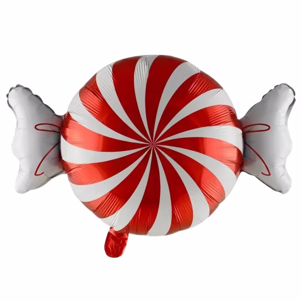 Balon din folie metalizată decupat în formă de bomboană ambalată, prezentând un model central spiralat în culorile roșu și alb, completat de capetele albe ale ambalajului cu detalii liniare roșii