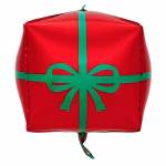 Balon din folie metalizată de tip 4D, cu formă cubică tridimensională, având un fundal verde lucios decorat cu un imprimeu ce imită o panglică roșie încrucișată și o fundă roșie stilizată în centru, semănând perfect cu o cutie de cadou de Crăciun