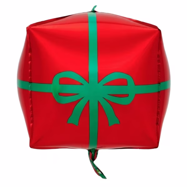 Balon din folie metalizată de tip 4D, cu formă cubică tridimensională, având un fundal verde lucios decorat cu un imprimeu ce imită o panglică roșie încrucișată și o fundă roșie stilizată în centru, semănând perfect cu o cutie de cadou de Crăciun
