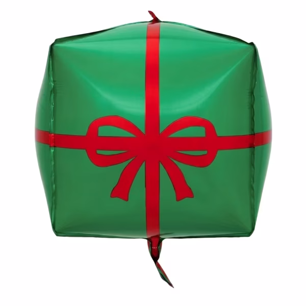 Balon din folie metalizată de tip 4D, cu formă cubică tridimensională, având un fundal roșu lucios decorat cu un imprimeu ce imită o panglică verde încrucișată și o fundă verde stilizată în centru, semănând perfect cu o cutie de cadou de Crăciun