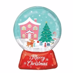 Balon din folie metalizată având forma unui glob de zăpadă clasic, cu o bază roșie pe care este scris mesajul Merry Christmas printre steluțe, iar în interiorul globului albastru senin este ilustrată o scenă de iarnă cu o căsuță roz, un brad verde împodobit, un ren maro și cadouri colorate