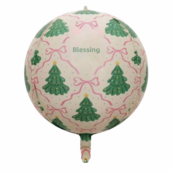 Balon din folie metalizată de tip Orbz, cu formă perfect sferică, având un fundal crem decorat cu un model repetitiv format din brăduți verzi de Crăciun, fundițe roz încrucișate, buline fine și mesajul Blessing