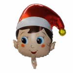 Balon din folie metalizată decupat în formă de chip de spiriduș, cu ochi albaștri mari, urechi ascuțite, obrăjori roșii și o căciuliță festivă roșie cu margine albă și ciucure auriu